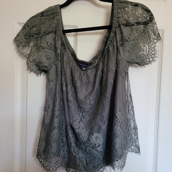 American Eagle | Olive Lace Off Shoulder Top - Picture 8 of 8